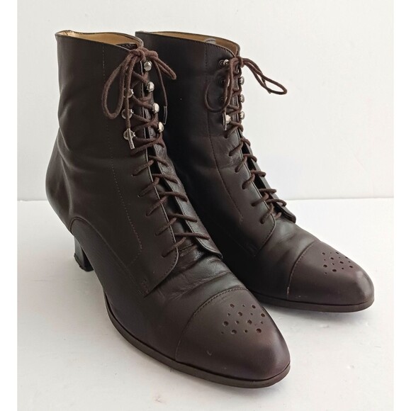 LOFT Brown Leather Lace Up Victorian Ankle Boot Cap Toe Curved Heel 7M - Picture 2 of 15